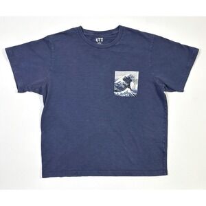 Uniqlo X Hokusai Blue T-Shirt Mens XL Crew Neck Short Sleeve Pocket Graphic